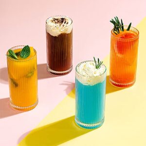 Combler Glass Cups with Straws, Drinking Glasses 12.5oz, Ribbed Glassware Set of 4, Iced Coffee Cup, Coffee Bar Accessories, Vintage Glassware Sets for Beer Smoothie Whiskey Cocktail Glasses, Gifts