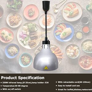 Hanging Food Heat Lamps Ceiling Food Warmer with Infrared Bulb Warming Lamps Retractable Style (Dia25cm(Silver))