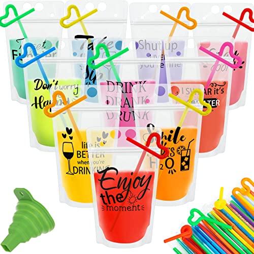 Ozera 100 Pcs Drink Pouches for Adults, Funny Text Juice Pouches for Adults Teens Party Beverage Bags, Reusable Novelty Drink Pouches with Straw Funnel for Cold & Hot Drinks (100 Pack,10 Styles)