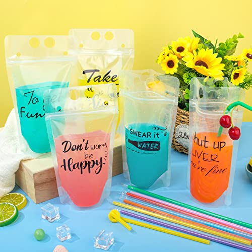 Ozera 100 Pcs Drink Pouches for Adults, Funny Text Juice Pouches for Adults Teens Party Beverage Bags, Reusable Novelty Drink Pouches with Straw Funnel for Cold & Hot Drinks (100 Pack,10 Styles)