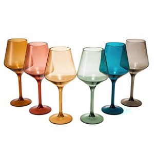 european style crystal, stemmed wine glasses, acrylic glasses tritan drinkware, unbreakable muted color | set of 6 | shatterproof bpa-free plastic, reusable, all purpose glassware, hand wash only 15oz