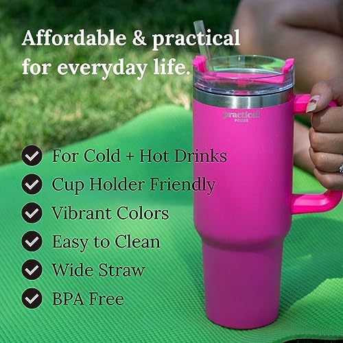 Practical Pours 40oz Insulated Tumbler Mug with Handle | For Water, Coffee, Cold and Hot Drinks | Double Wall Stainless Steel, Wide Straw, Adjustable Lid | Dishwasher Safe, BPA Free, Fuchsia