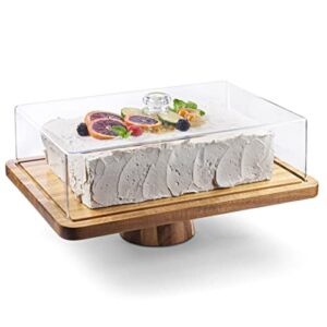 cake stand with acrylic dome lid 2-in-1 multifunctional rectangular shatterproof dessert table display set with acacia wood serving platter, veggie tray, fruit bowl, donut stand plate by homesphere