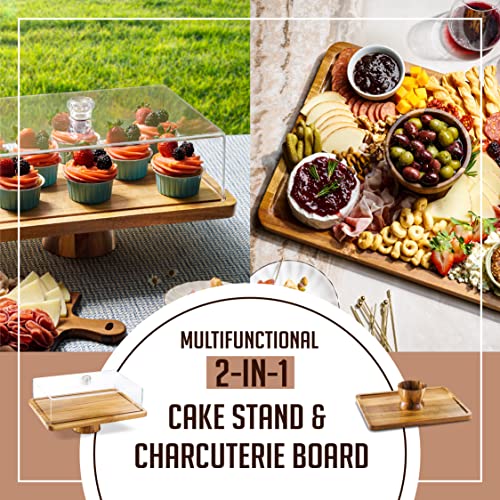 Cake Stand with Acrylic Dome Lid 2-in-1 Multifunctional Rectangular Shatterproof Dessert Table Display Set with Acacia Wood Serving Platter, Veggie Tray, Fruit Bowl, Donut Stand Plate by Homesphere