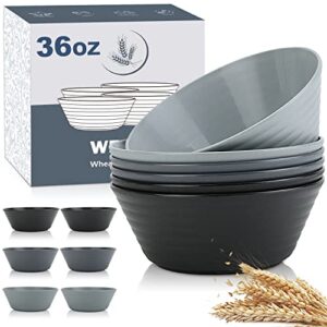 wheat straw bowl sets,6 pcs unbreakable cereal bowl 36 oz,microwave and dishwasher safe bowls,soup bowl sets bpa free eco friendly bowl for serving soup,oatmeal and salad （black grey）