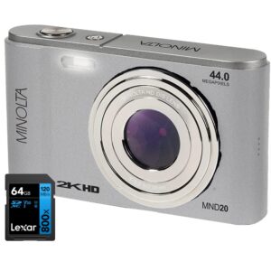 minolta mnd20-s 44 mp / 2.7k ultra hd digital camera silver bundle with lexar 64gb high-performance 800x uhs-i sdhc memory card blue series