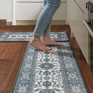 ilango kitchen rugs and mats non skid washable 2 pcs, absorbent kitchen runner rugs for floor, front of sink, long comfort standing mats for entryway hallway 17"x32"+17"x48" (blues retro)