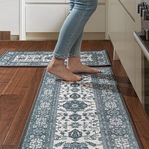 ILANGO Kitchen Rugs and Mats Non Skid Washable 2 Pcs, Absorbent Kitchen Runner Rugs for Floor, Front of Sink, Long Comfort Standing Mats for Entryway Hallway 17"x32"+17"x48" (Blues Retro)