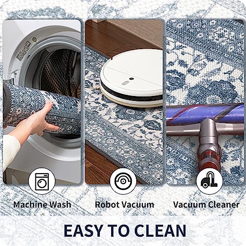 ILANGO Kitchen Rugs and Mats Non Skid Washable 2 Pcs, Absorbent Kitchen Runner Rugs for Floor, Front of Sink, Long Comfort Standing Mats for Entryway Hallway 17"x32"+17"x48" (Blues Retro)