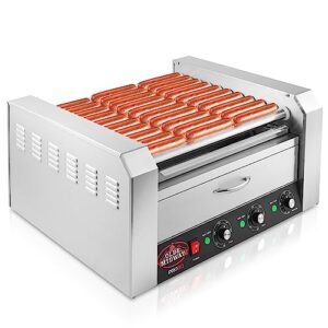 olde midway electric 30 hot dog 11 roller grill cooker machine with bun warming drawer - commercial grade, stainless steel