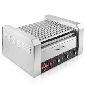 Olde Midway Electric 30 Hot Dog 11 Roller Grill Cooker Machine with Bun Warming Drawer - Commercial Grade, Stainless Steel