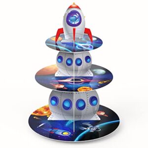 3 tiers rocket space station cupcake stand outer space birthday party cardboard cupcake holder decorations galaxy party dessert tower solar system party supplies for kids space themed baby shower