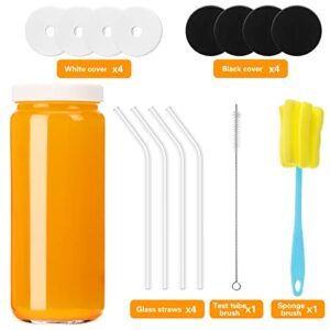 CUCUMI 4pcs 16oz Glass Juice Bottles with Lids, Reusable Juice Containers Drinking Jars Water Cups with Brush, Glass Straws, Lids with Hole