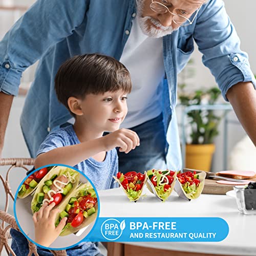 GEIKR Stainless Steel Taco Holders Set of 4, 𝟮𝟬𝟮𝟯 𝙉𝙚𝙬 Oven & Dishwasher & Grill Safe Taco Trays, Each Metal Taco Stands for 3 Tacos, Taco Rack with Handles, Stylish Taco Shell Holders