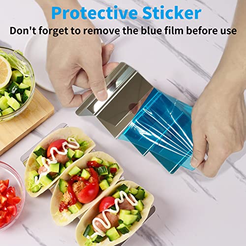 GEIKR Stainless Steel Taco Holders Set of 4, 𝟮𝟬𝟮𝟯 𝙉𝙚𝙬 Oven & Dishwasher & Grill Safe Taco Trays, Each Metal Taco Stands for 3 Tacos, Taco Rack with Handles, Stylish Taco Shell Holders