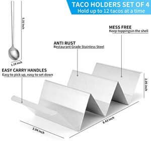 GEIKR Stainless Steel Taco Holders Set of 4, 𝟮𝟬𝟮𝟯 𝙉𝙚𝙬 Oven & Dishwasher & Grill Safe Taco Trays, Each Metal Taco Stands for 3 Tacos, Taco Rack with Handles, Stylish Taco Shell Holders