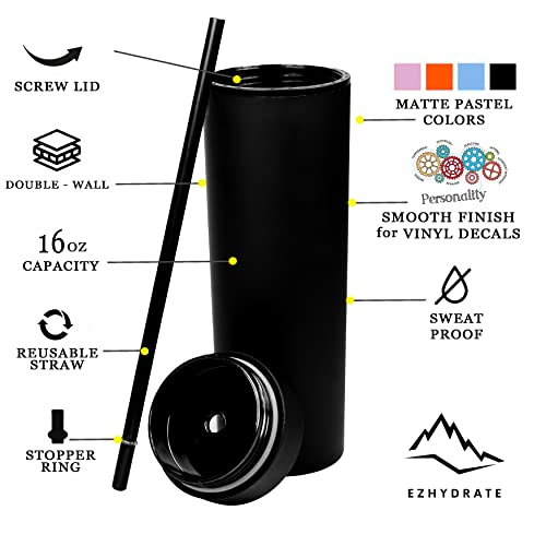 Ezhydrate SKINNY TUMBLERS (4 pack) - BLACK-16oz Matte Pastel Colored Acrylic Tumblers with Lids and Straws | Double Wall Plastic Tumbler With Lid and Straw bulk w Straw Cleaner INCLUDED