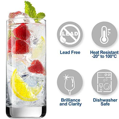 Highball Drinking Glasses Set of 4, Lead-Free Water Glasses. 13oz Tall Drink Glasses for Tom Collins, Mojito, Mixed Drink. kitchen and bar Cocktail Glass Cups Set-, Clear Glassware Sets