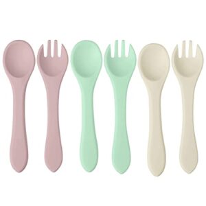 pandaear silicone baby spoon and fork set| 6 pack first stage baby self feeding spoons 6+ months| toddler baby utensils 6-12 months| infant baby led weaning spoons feeding supplies