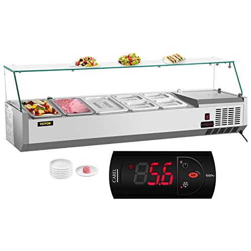 VEVOR Refrigerated Condiment Station, 55-Inch, 13.8Qt Sandwich Prep Table with 3 1/3 4 1/6 Pans, 150W Salad Bar with 304 Stainless Body Tempered Glass Shield Digital Temp Display Auto Defr, Silver