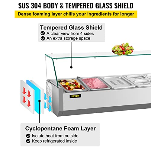 VEVOR Refrigerated Condiment Station, 55-Inch, 13.8Qt Sandwich Prep Table with 3 1/3 4 1/6 Pans, 150W Salad Bar with 304 Stainless Body Tempered Glass Shield Digital Temp Display Auto Defr, Silver