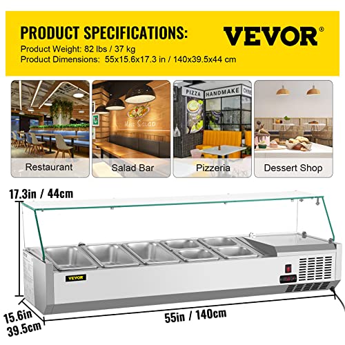 VEVOR Refrigerated Condiment Station, 55-Inch, 13.8Qt Sandwich Prep Table with 3 1/3 4 1/6 Pans, 150W Salad Bar with 304 Stainless Body Tempered Glass Shield Digital Temp Display Auto Defr, Silver