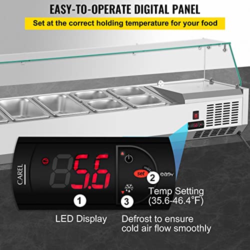 VEVOR Refrigerated Condiment Station, 55-Inch, 13.8Qt Sandwich Prep Table with 3 1/3 4 1/6 Pans, 150W Salad Bar with 304 Stainless Body Tempered Glass Shield Digital Temp Display Auto Defr, Silver