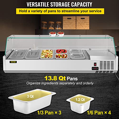 VEVOR Refrigerated Condiment Station, 55-Inch, 13.8Qt Sandwich Prep Table with 3 1/3 4 1/6 Pans, 150W Salad Bar with 304 Stainless Body Tempered Glass Shield Digital Temp Display Auto Defr, Silver