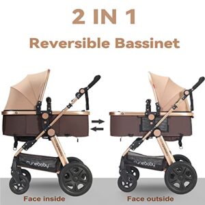 Cynebaby Baby Stroller, Convertible Bassinet Stroller for Newborn Infant Lightweight Pram Strollers with Snack Tray… (Gold)