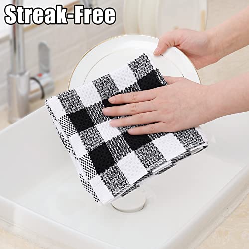 homing Kitchen Towels, 100% Cotton Waffle Weave Dish Towels for Drying Dishes, Super Soft, Absorbent, Quick Dry, 4 Pack Buffalo Plaid Hand Towels for Kitchen (13" x 28", Black & White)