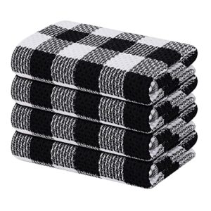 homing kitchen towels, 100% cotton waffle weave dish towels for drying dishes, super soft, absorbent, quick dry, 4 pack buffalo plaid hand towels for kitchen (13" x 28", black & white)