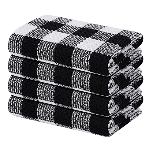 homing Kitchen Towels, 100% Cotton Waffle Weave Dish Towels for Drying Dishes, Super Soft, Absorbent, Quick Dry, 4 Pack Buffalo Plaid Hand Towels for Kitchen (13" x 28", Black & White)