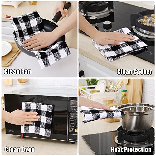 homing Kitchen Towels, 100% Cotton Waffle Weave Dish Towels for Drying Dishes, Super Soft, Absorbent, Quick Dry, 4 Pack Buffalo Plaid Hand Towels for Kitchen (13" x 28", Black & White)