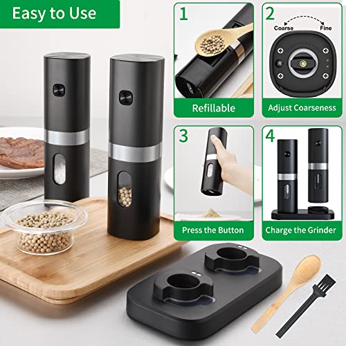 Electric Salt and Pepper Grinder Set Rechargeable Battery Operated with USB Double Charging Base, Automatic Pepper Shakers With Spoon,Adjustable Coarseness,LED Light(Black 2 Mills)