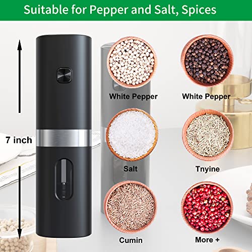 Electric Salt and Pepper Grinder Set Rechargeable Battery Operated with USB Double Charging Base, Automatic Pepper Shakers With Spoon,Adjustable Coarseness,LED Light(Black 2 Mills)