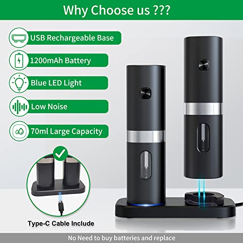 Electric Salt and Pepper Grinder Set Rechargeable Battery Operated with USB Double Charging Base, Automatic Pepper Shakers With Spoon,Adjustable Coarseness,LED Light(Black 2 Mills)