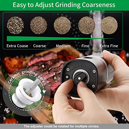 Electric Salt and Pepper Grinder Set Rechargeable Battery Operated with USB Double Charging Base, Automatic Pepper Shakers With Spoon,Adjustable Coarseness,LED Light(Black 2 Mills)