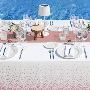 8Pack Disposable Plastic Tablecloths and Satin Table Runner Set White and Rose Gold Dot Tablecloth Rose Gold Satin Table Runner for Wedding Birthday Anniversary Christmas New Year Party Decorations