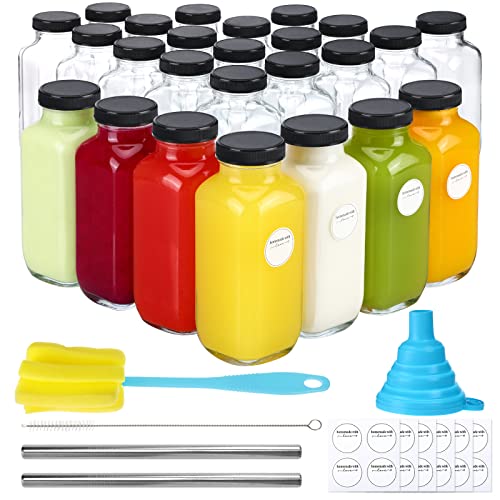 CUCUMI 24pcs 16oz Glass Juice Bottles with Lids, Reusable Vintage Glass Drinking Bottles with Blank Labels, Brush, Straws, Funnel for Storing Tea, Kombucha, Milk