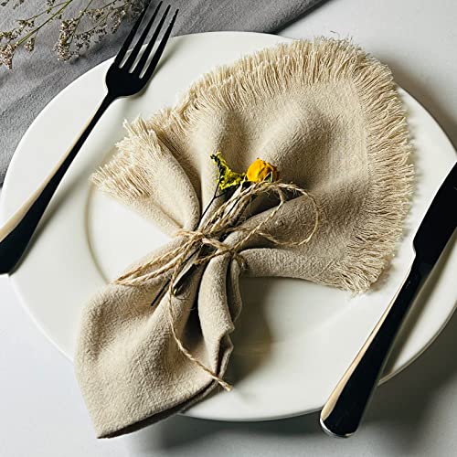 Dololoo Handmade Cloth Napkins, Cotton Linen Cloth Napkins with Fringe, Versatile Handmade Square Rustic Fringe Napkins for Dinner, Wedding and Parties, 18 x 18 Inches Set of 4, Beige