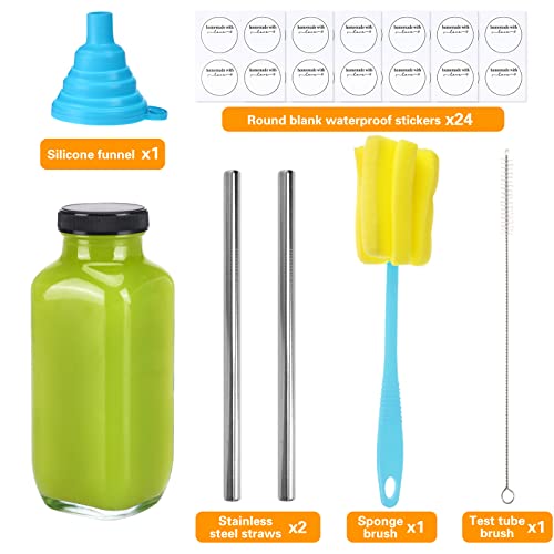 CUCUMI 24pcs 16oz Glass Juice Bottles with Lids, Reusable Vintage Glass Drinking Bottles with Blank Labels, Brush, Straws, Funnel for Storing Tea, Kombucha, Milk