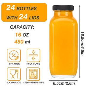 CUCUMI 24pcs 16oz Glass Juice Bottles with Lids, Reusable Vintage Glass Drinking Bottles with Blank Labels, Brush, Straws, Funnel for Storing Tea, Kombucha, Milk