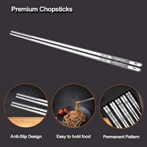 Ansnbo Stainless Chopsticks Reusable, 5 Pairs Premium Metal Chopsticks Dishwasher Safe Elegant Laser Engraved Non-slip Chop Sticks Pack Square Lightweight Chopstick Gift Set for Cooking Eating