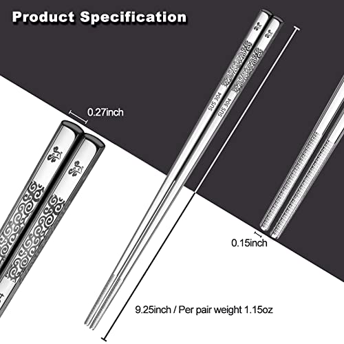 Ansnbo Stainless Chopsticks Reusable, 5 Pairs Premium Metal Chopsticks Dishwasher Safe Elegant Laser Engraved Non-slip Chop Sticks Pack Square Lightweight Chopstick Gift Set for Cooking Eating