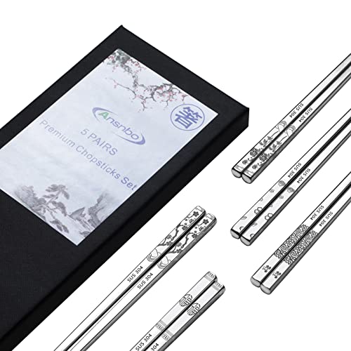 Ansnbo Stainless Chopsticks Reusable, 5 Pairs Premium Metal Chopsticks Dishwasher Safe Elegant Laser Engraved Non-slip Chop Sticks Pack Square Lightweight Chopstick Gift Set for Cooking Eating