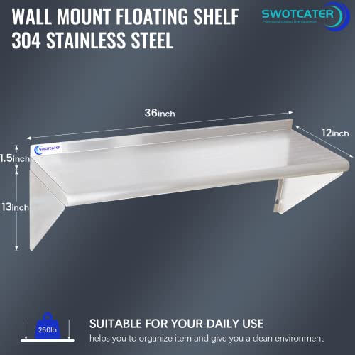 SWOTCATER 2 Pack Stainless Steel Shelf 12"x36" 260LB, Commercial Wall Mounted Floating Shelving for Home Kitchen, Restaurant