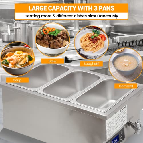 SWOTCATER 110V 3-Pan Commercial Food Warmer with Digital Display Temp, 6 inch Deep 2000W Electric Steam Table, Stainless Steel Buffet Bain Marie 16 Quart Capacity for Catering and Restaurants