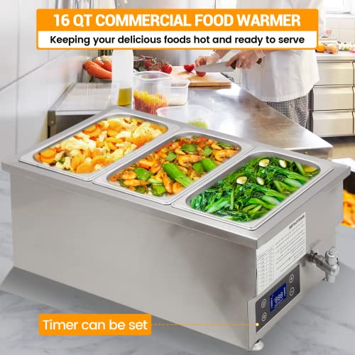 SWOTCATER 110V 3-Pan Commercial Food Warmer with Digital Display Temp, 6 inch Deep 2000W Electric Steam Table, Stainless Steel Buffet Bain Marie 16 Quart Capacity for Catering and Restaurants