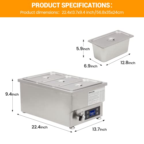 SWOTCATER 110V 3-Pan Commercial Food Warmer with Digital Display Temp, 6 inch Deep 2000W Electric Steam Table, Stainless Steel Buffet Bain Marie 16 Quart Capacity for Catering and Restaurants