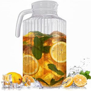 glass pitcher - beverage serveware and storage container for hot drink or cold drinks. 60oz. glass water fridge pitcher with lid, juice container, water jug, iced tea pitcher or milk pitcher cocktails